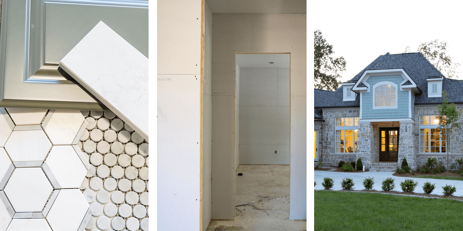 triptych image showing tile and cabinetry materials, drywall installation and the exterior of a home