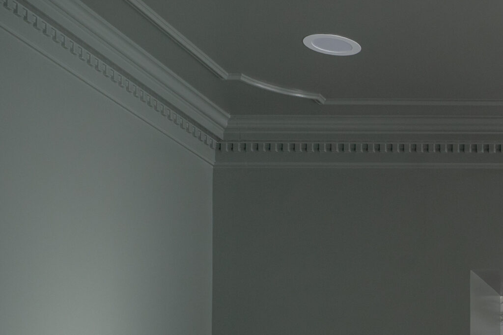detail of ornate crown molding and trim in the corner of a room. the wall and all detail is color drenched
